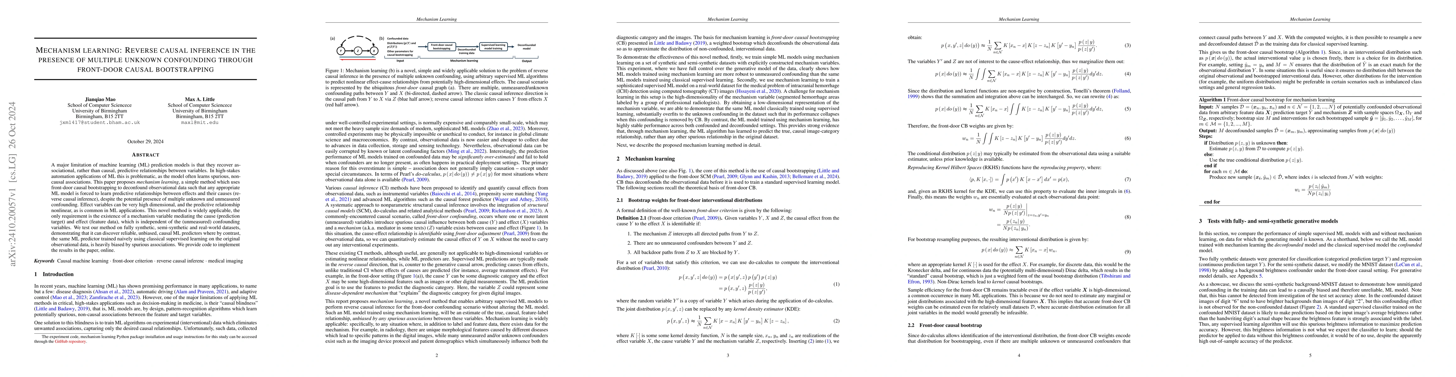 Thumbnail for Mechanism learning: Reverse causal inference in the presence of multiple
  unknown confounding through front-door causal bootstrapping