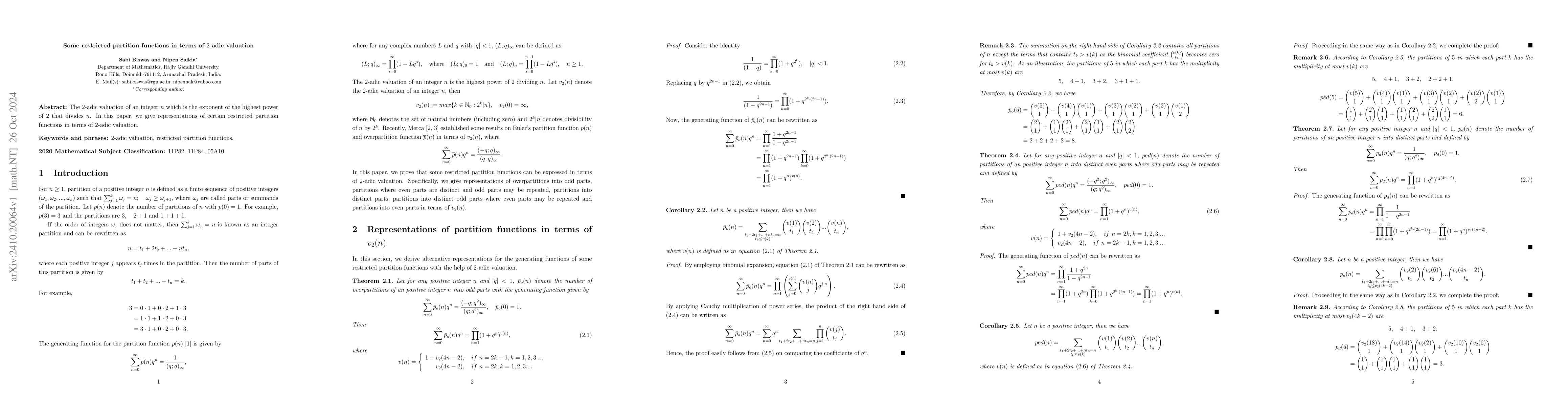 Thumbnail for Some restricted partition functions in terms of 2-adic valuation