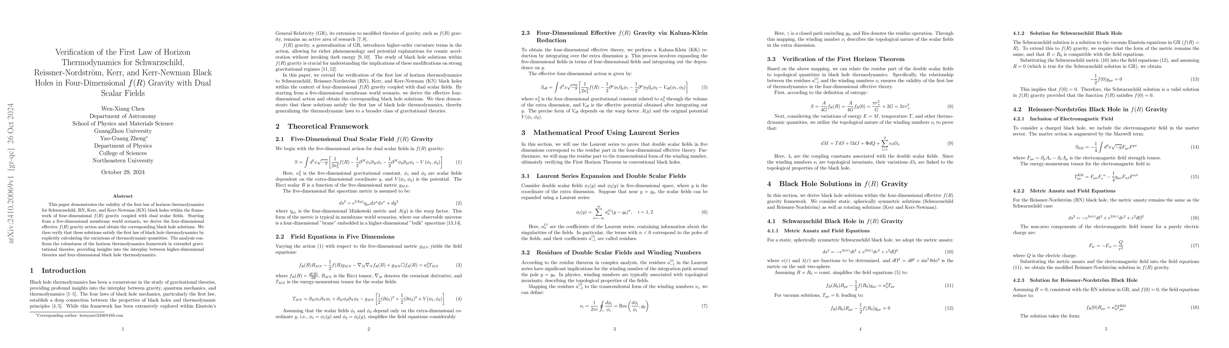 Thumbnail for Verification of the First Law of Horizon Thermodynamics for
  Schwarzschild, Reissner-Nordström, Kerr, and Kerr-Newman Black Holes in
  Four-Dimensional f(R) Gravity with Dual Scalar Fields