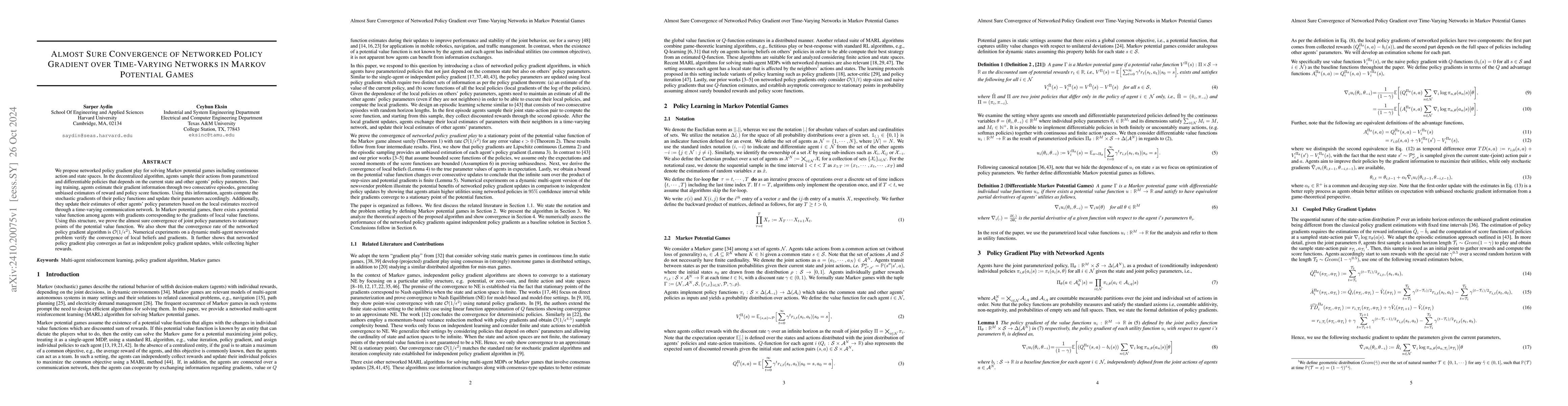 Thumbnail for Almost Sure Convergence of Networked Policy Gradient over Time-Varying
  Networks in Markov Potential Games