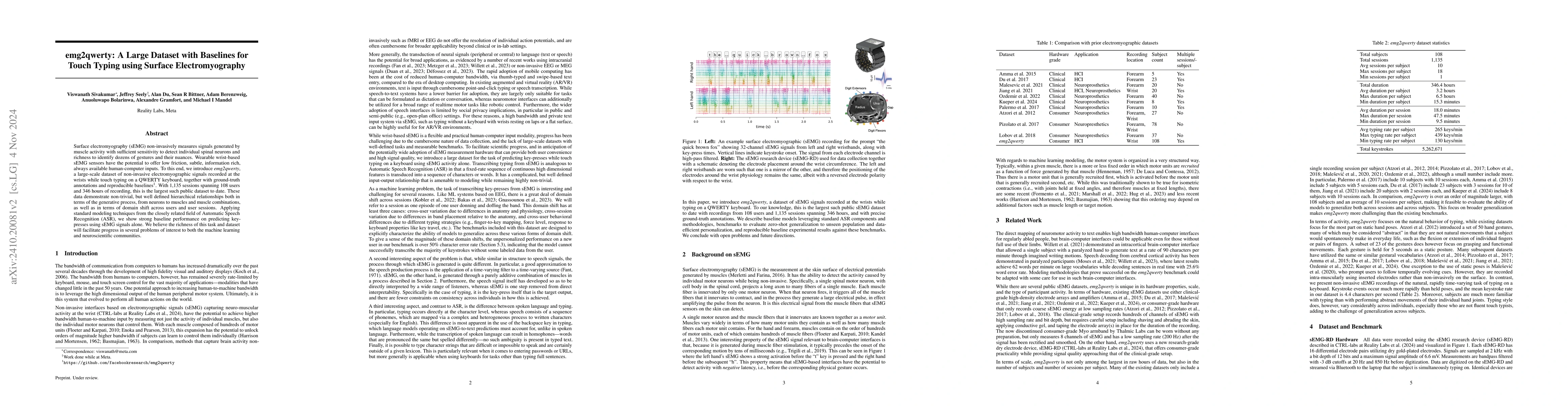 Thumbnail for emg2qwerty: A Large Dataset with Baselines for Touch Typing using
  Surface Electromyography