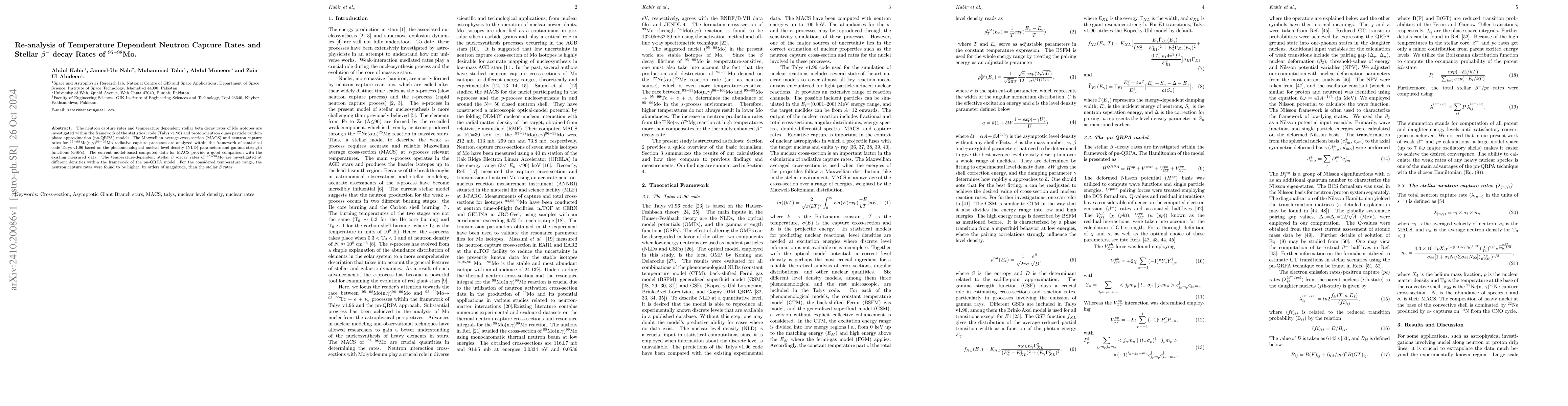 Thumbnail for Re analysis of Temperature Dependent Neutron Capture Rates and Stellar
  \b{eta} decay Rates of 95 98Mo