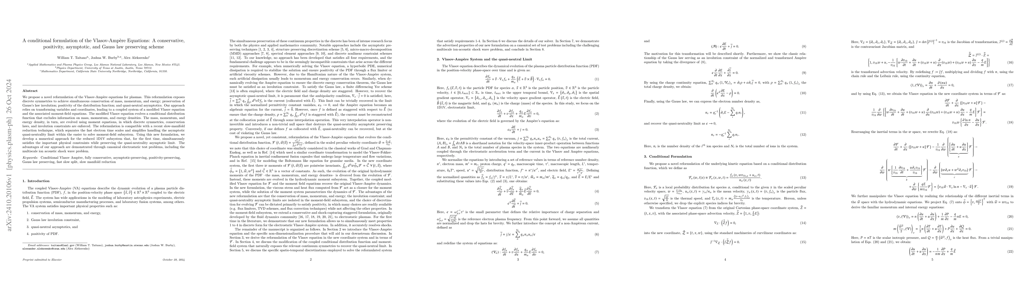Thumbnail for A conditional formulation of the Vlasov-Ampere Equations: A
  conservative, positivity, asymptotic, and Gauss law preserving scheme