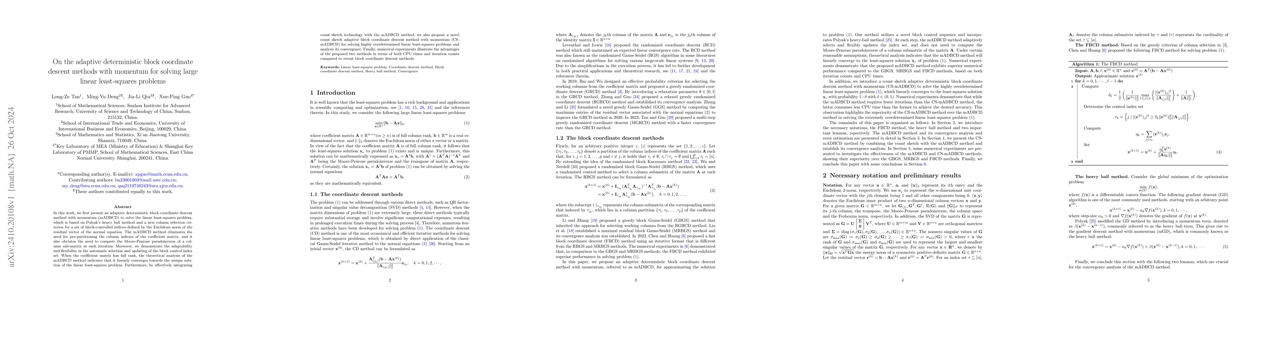 Thumbnail for On the adaptive deterministic block coordinate descent methods with
  momentum for solving large linear least-squares problems