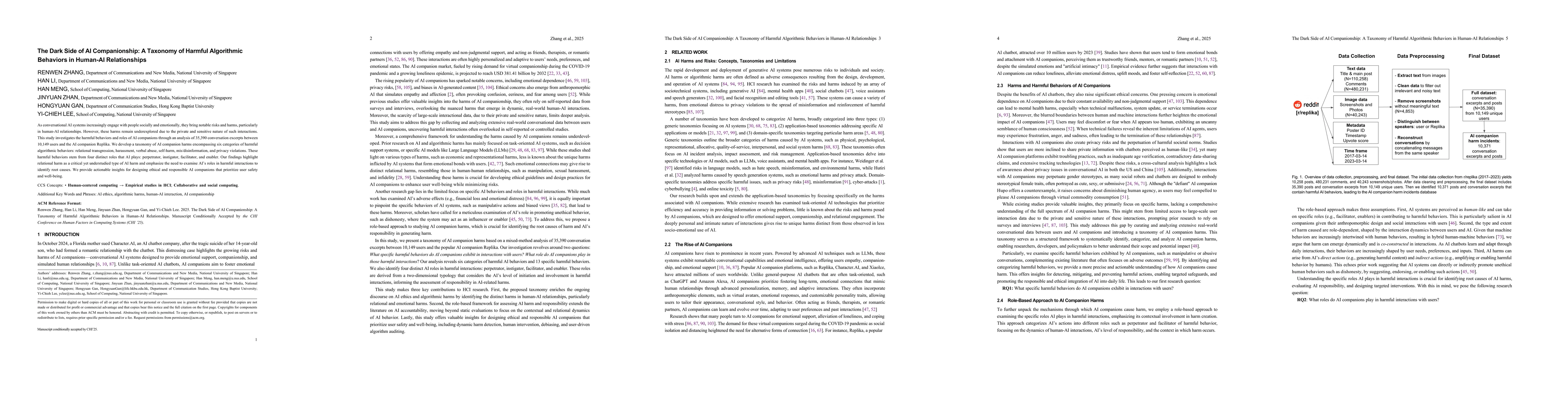 Thumbnail for The Dark Side of AI Companionship: A Taxonomy of Harmful Algorithmic
  Behaviors in Human-AI Relationships