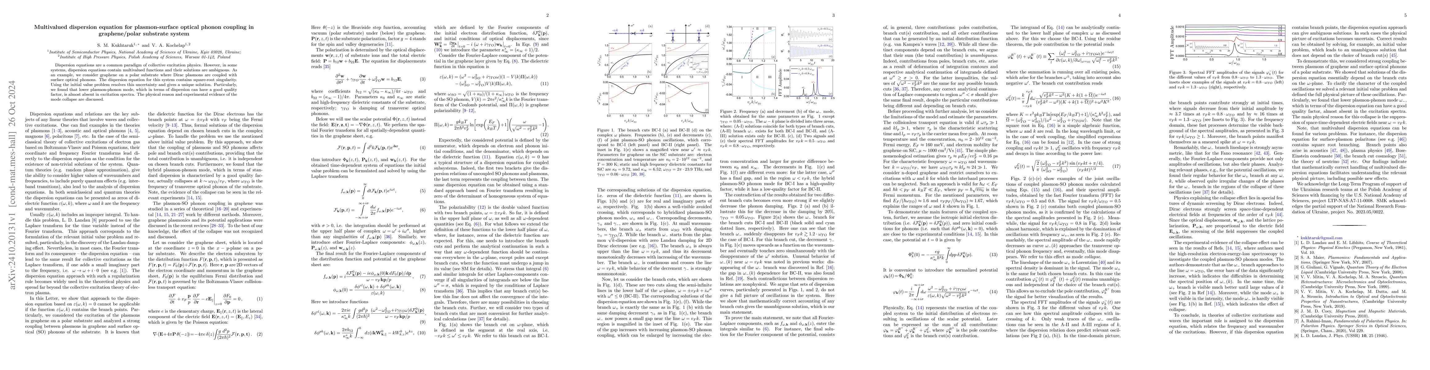 Thumbnail for Multivalued dispersion equation for plasmon-surface optical phonon
  coupling in graphene/polar substrate system
