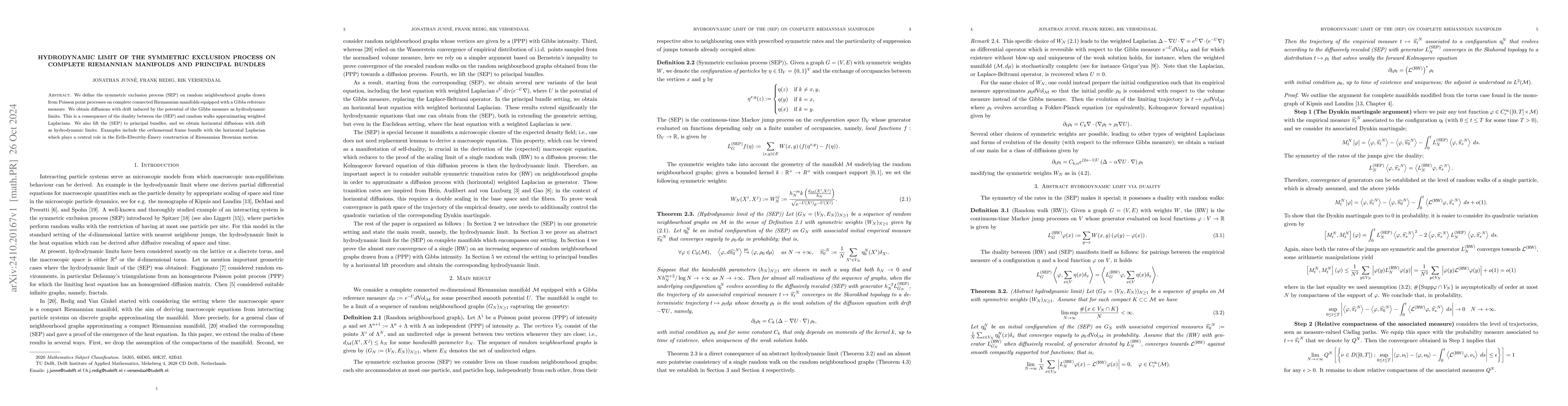 Thumbnail for Hydrodynamic limit of the symmetric exclusion process on complete
  Riemannian manifolds and principal bundles