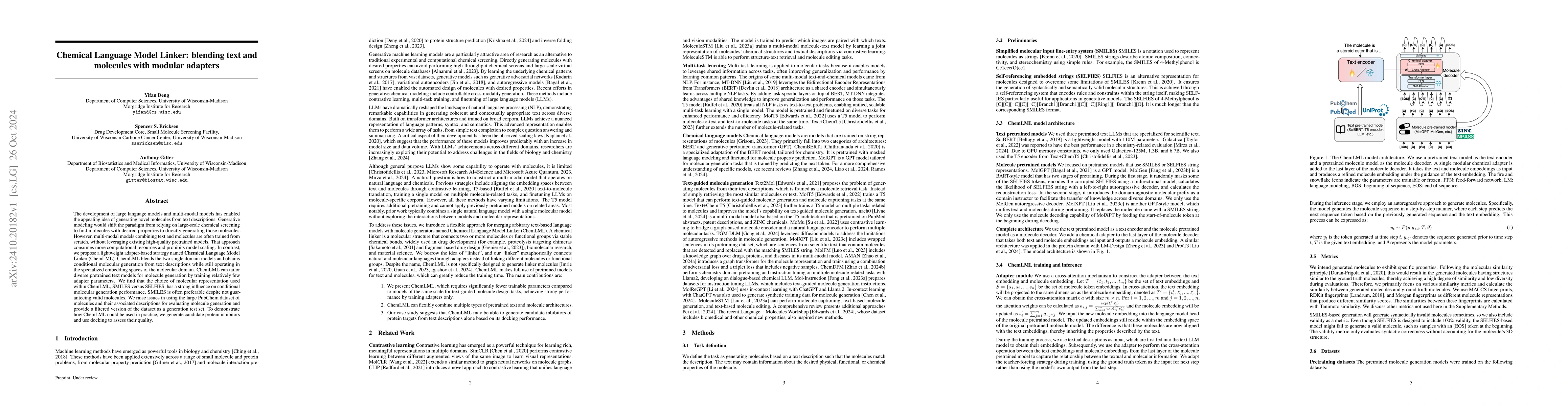 Thumbnail for Chemical Language Model Linker: blending text and molecules with modular
  adapters