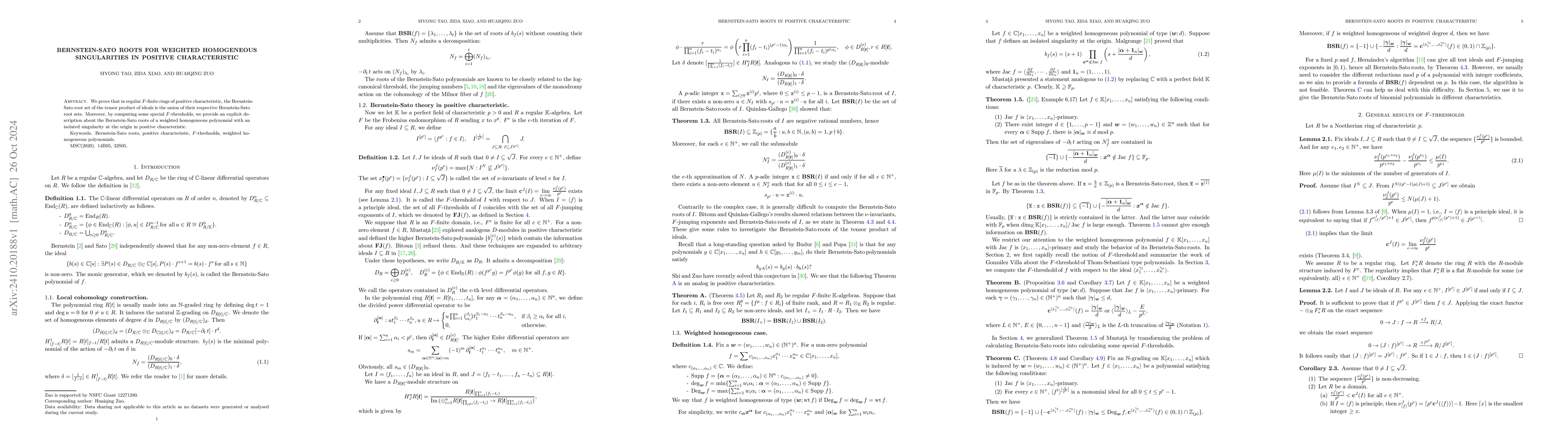 Thumbnail for Bernstein-Sato roots for weighted homogeneous singularities in positive
  characteristic