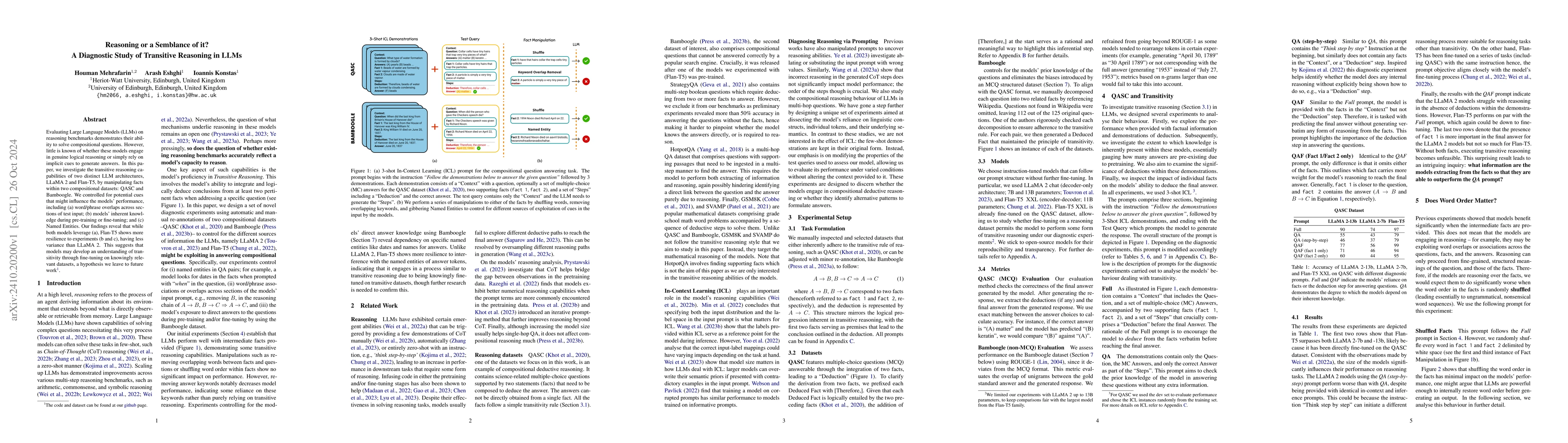 Thumbnail for Reasoning or a Semblance of it? A Diagnostic Study of Transitive
  Reasoning in LLMs