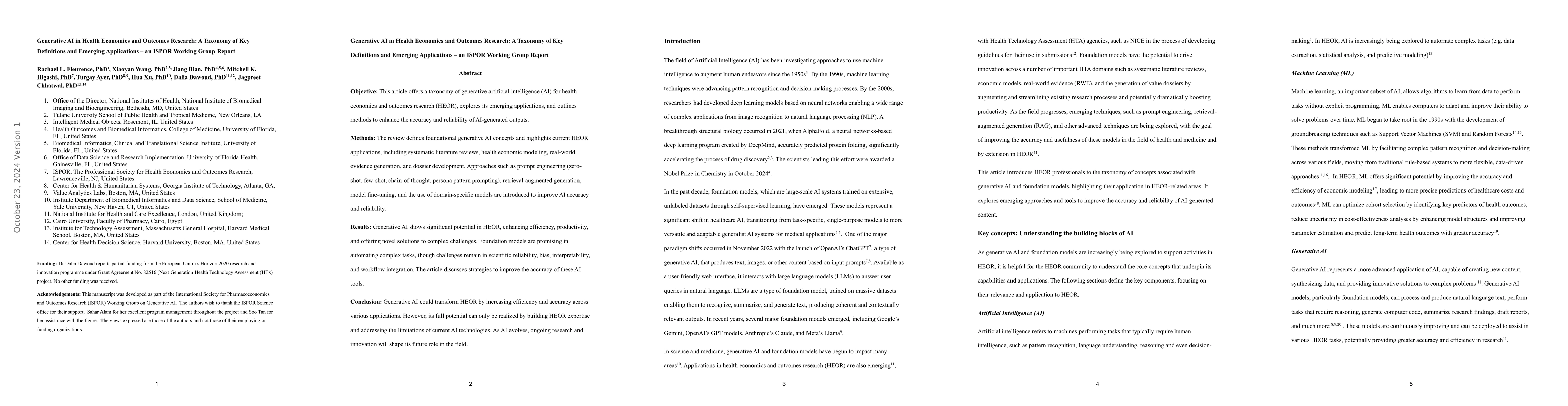 Thumbnail for Generative AI in Health Economics and Outcomes Research: A Taxonomy of
  Key Definitions and Emerging Applications, an ISPOR Working Group Report