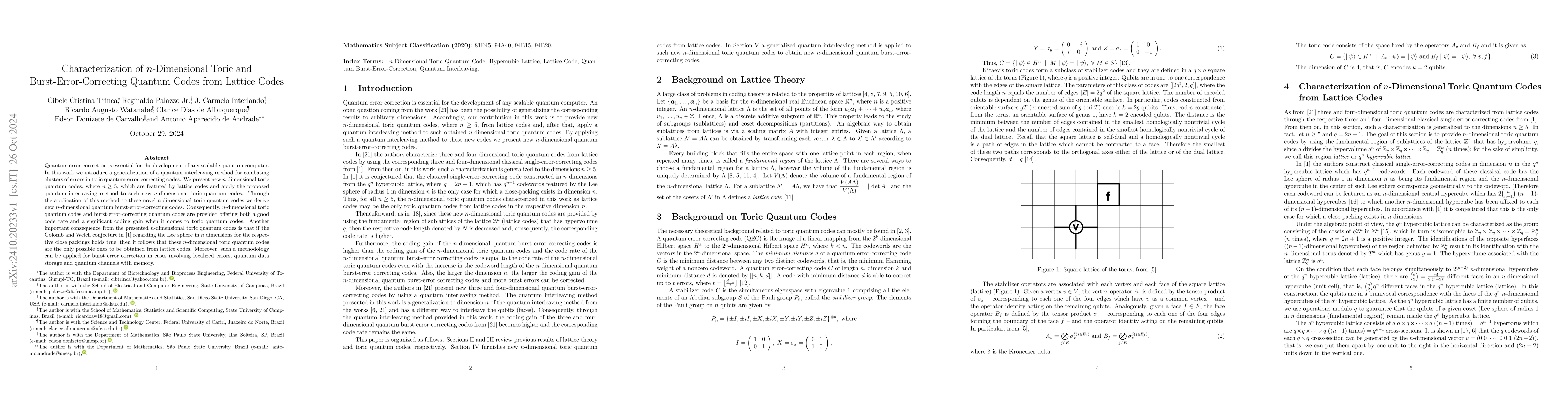 Thumbnail for Characterization of $n$-Dimensional Toric and Burst-Error-Correcting
  Quantum Codes from Lattice Codes