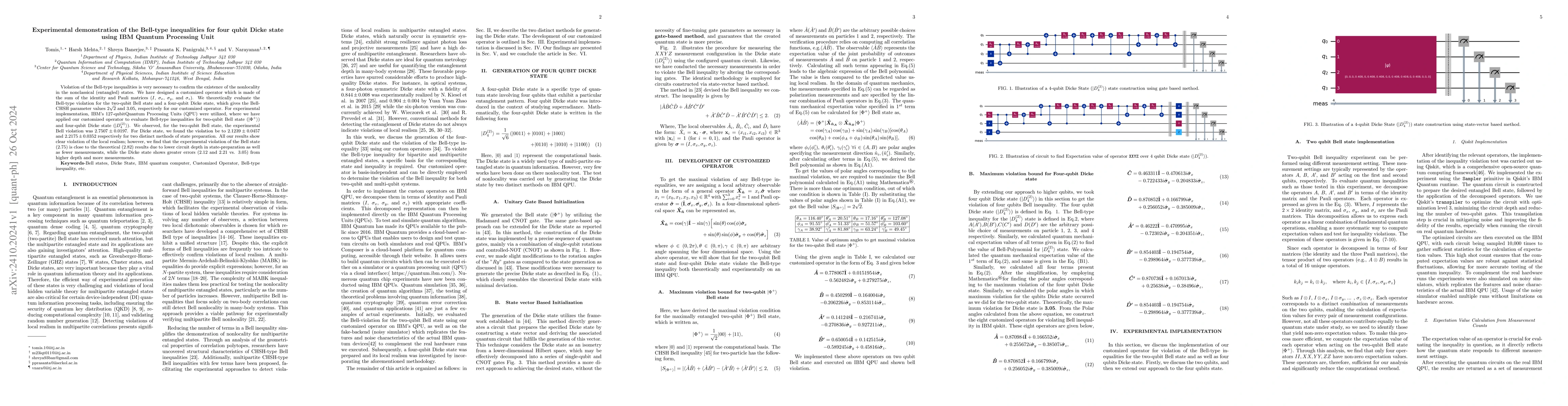 Thumbnail for Experimental demonstration of the Bell-type inequalities for four qubit
  Dicke state using IBM Quantum Processing Unit