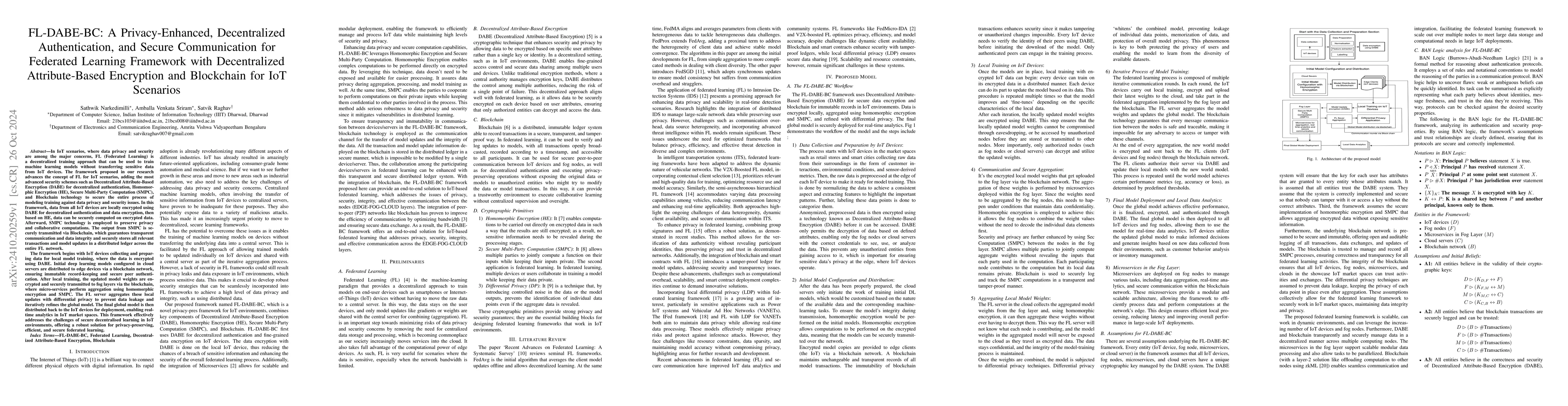 Thumbnail for FL-DABE-BC: A Privacy-Enhanced, Decentralized Authentication, and Secure
  Communication for Federated Learning Framework with Decentralized
  Attribute-Based Encryption and Blockchain for IoT Scenarios