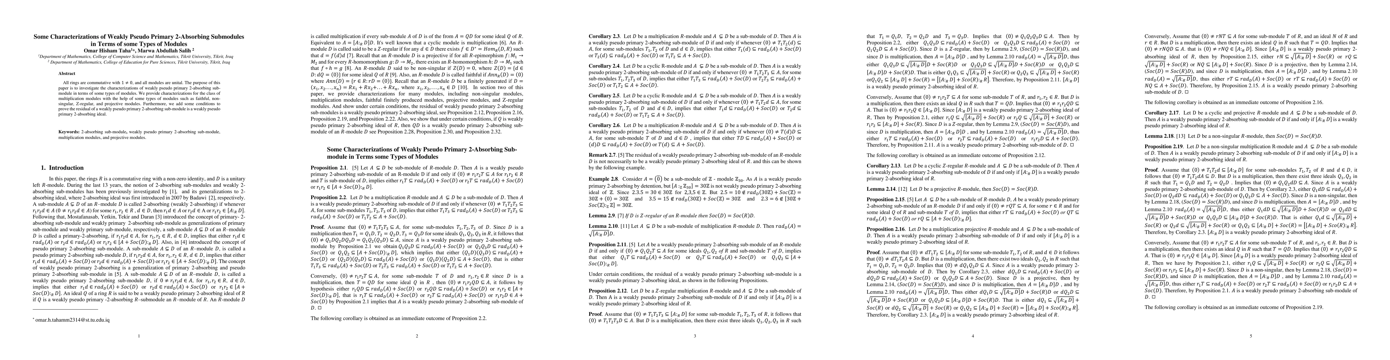 Thumbnail for Some Characterizations of Weakly Pseudo Primary 2-Absorbing Submodules
  in Terms of some Types of Modules