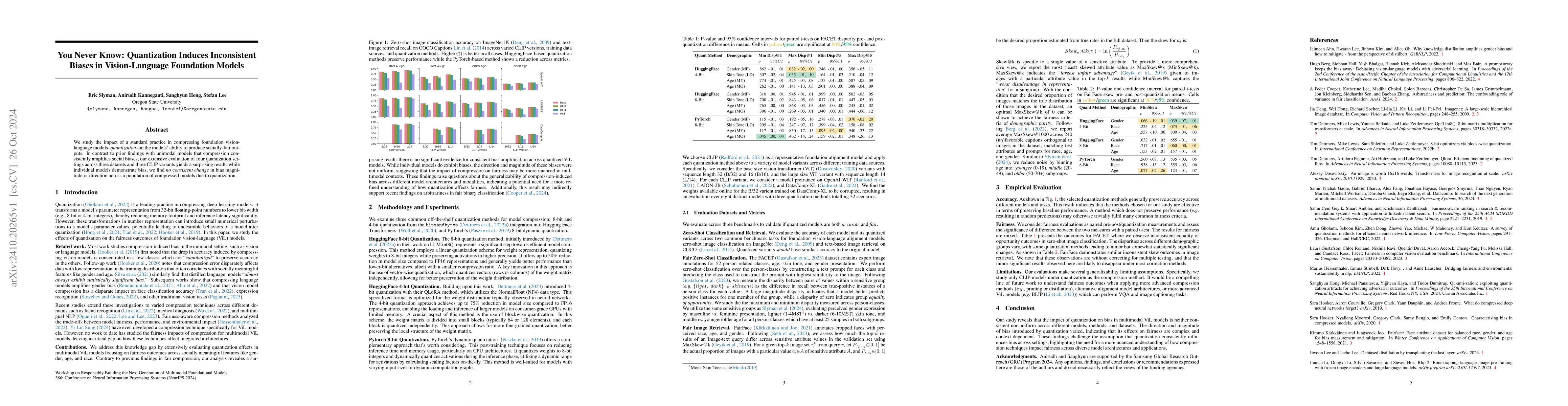 Thumbnail for You Never Know: Quantization Induces Inconsistent Biases in
  Vision-Language Foundation Models