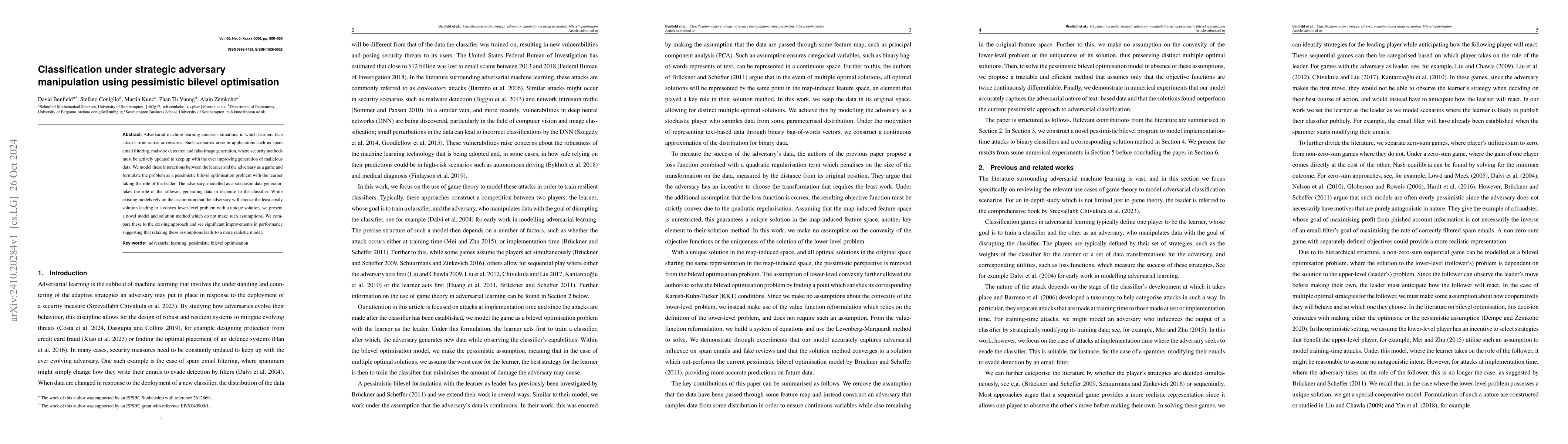 Thumbnail for Classification under strategic adversary manipulation using pessimistic
  bilevel optimisation