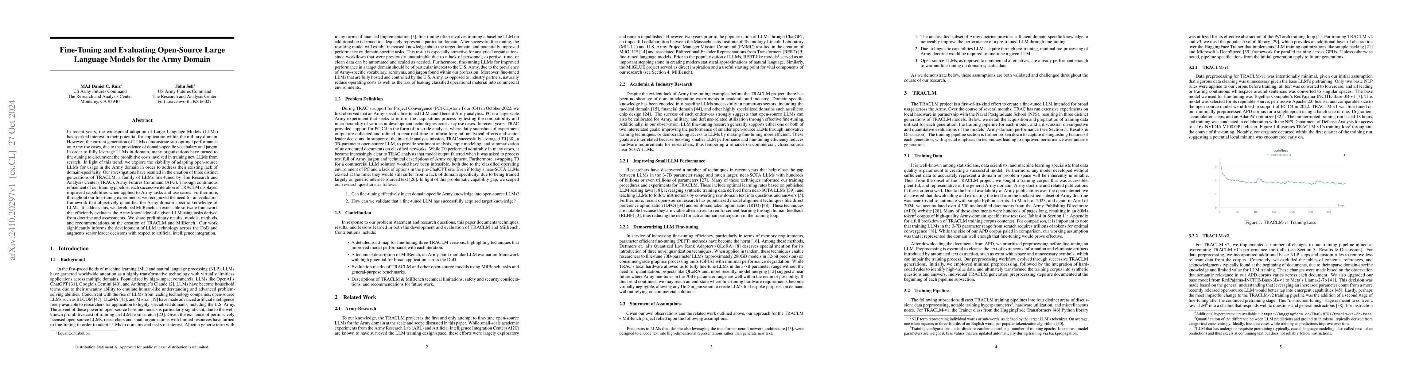 Thumbnail for Fine-Tuning and Evaluating Open-Source Large Language Models for the
  Army Domain