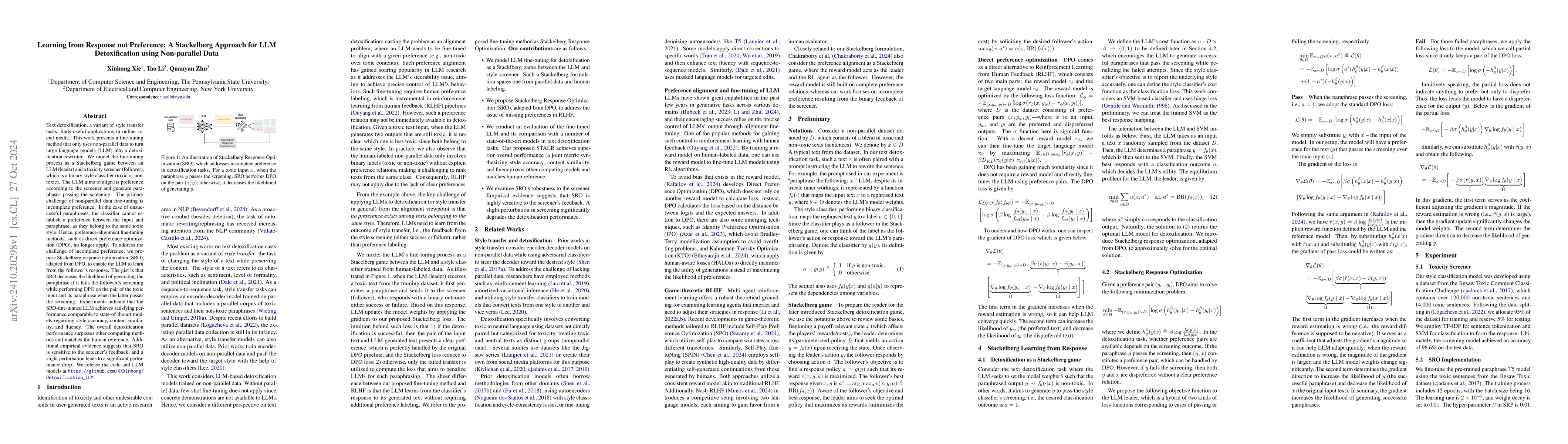 Thumbnail for Learning from Response not Preference: A Stackelberg Approach for LLM
  Detoxification using Non-parallel Data
