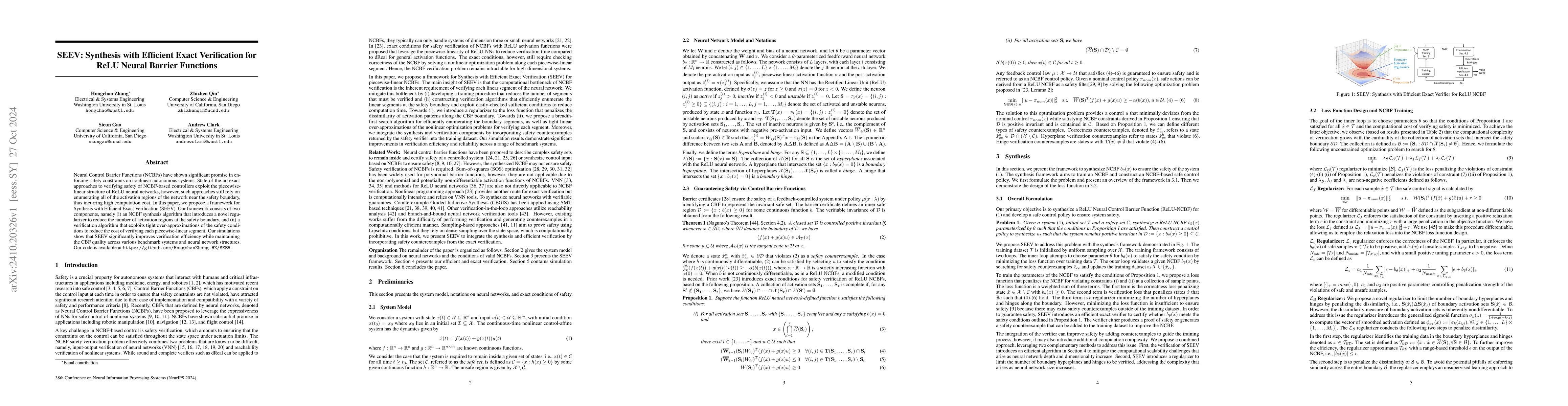 Thumbnail for SEEV: Synthesis with Efficient Exact Verification for ReLU Neural
  Barrier Functions
