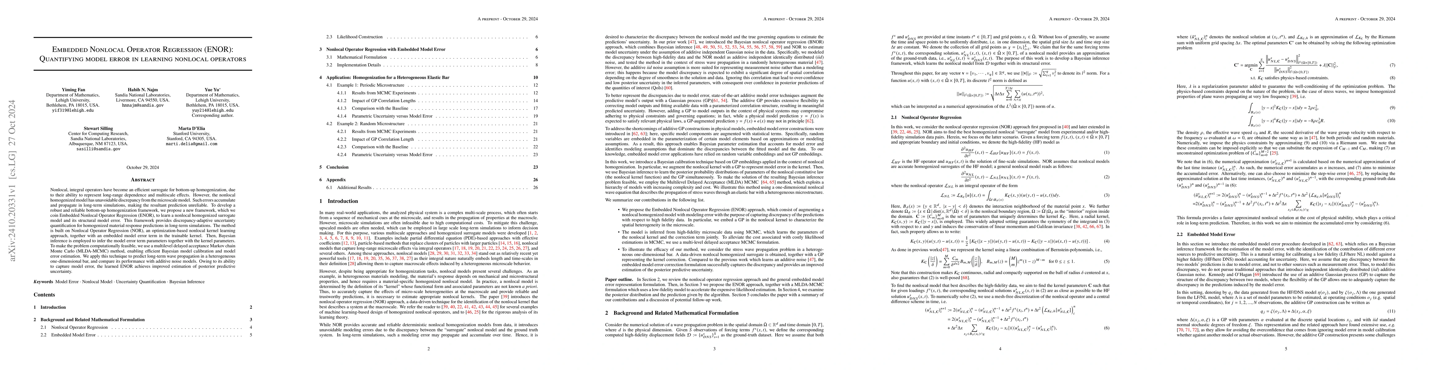 Thumbnail for Embedded Nonlocal Operator Regression (ENOR): Quantifying model error in
  learning nonlocal operators