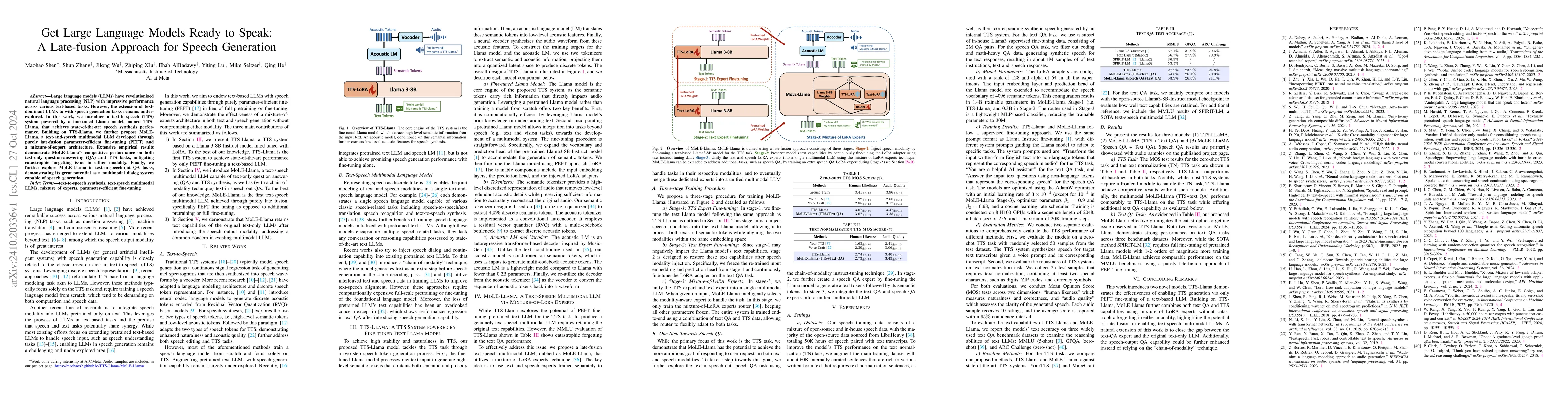 Thumbnail for Get Large Language Models Ready to Speak: A Late-fusion Approach for
  Speech Generation