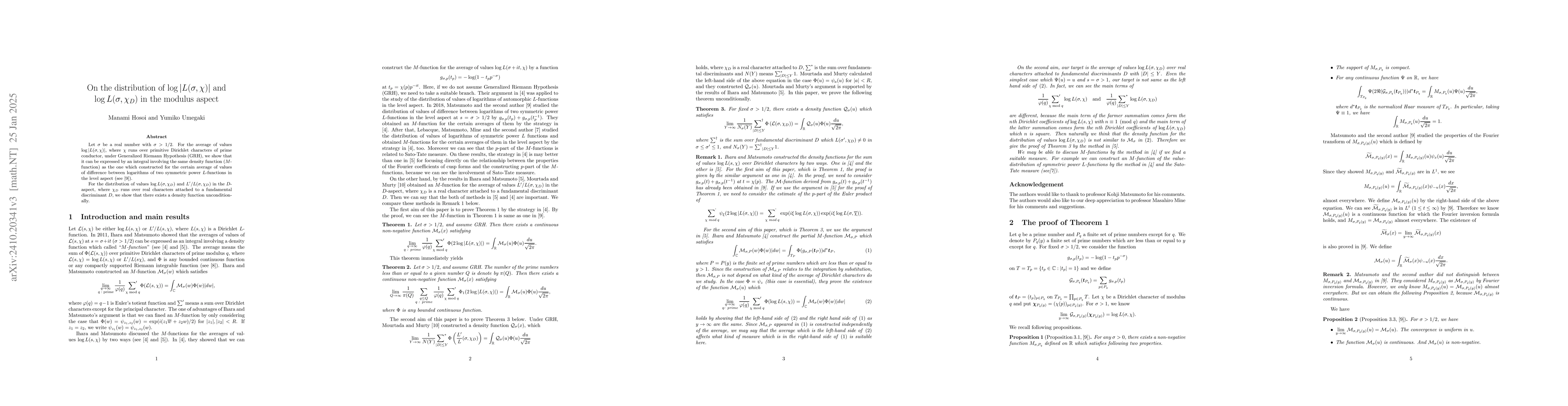 Thumbnail for On the distribution of $\log |L(σ, χ)|$ and $\log L(σ,
  χ_D)$ in the modulus aspect