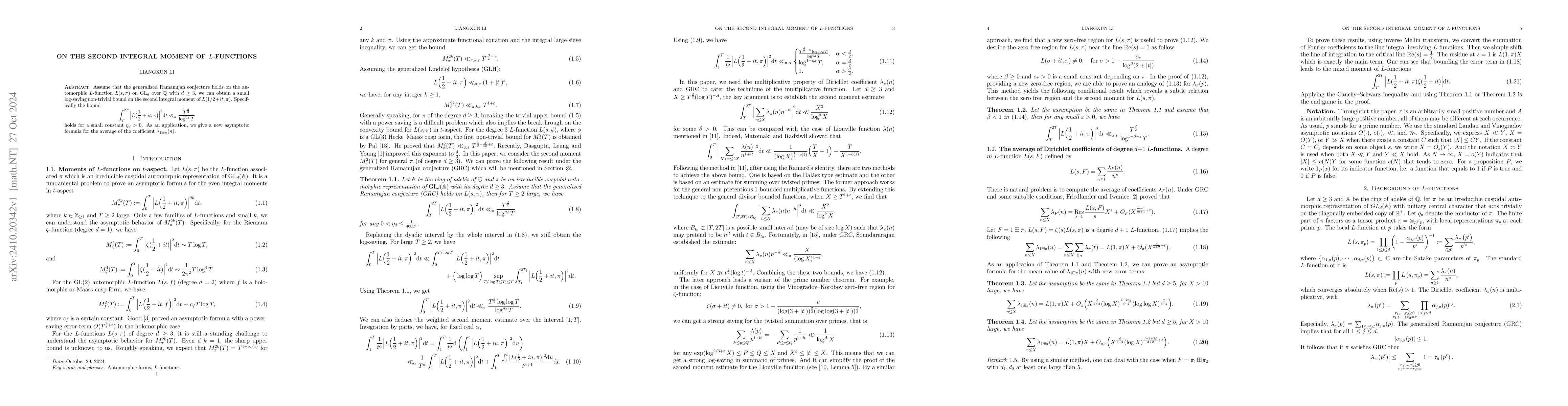 Thumbnail for On the second integral moment of $L$-functions