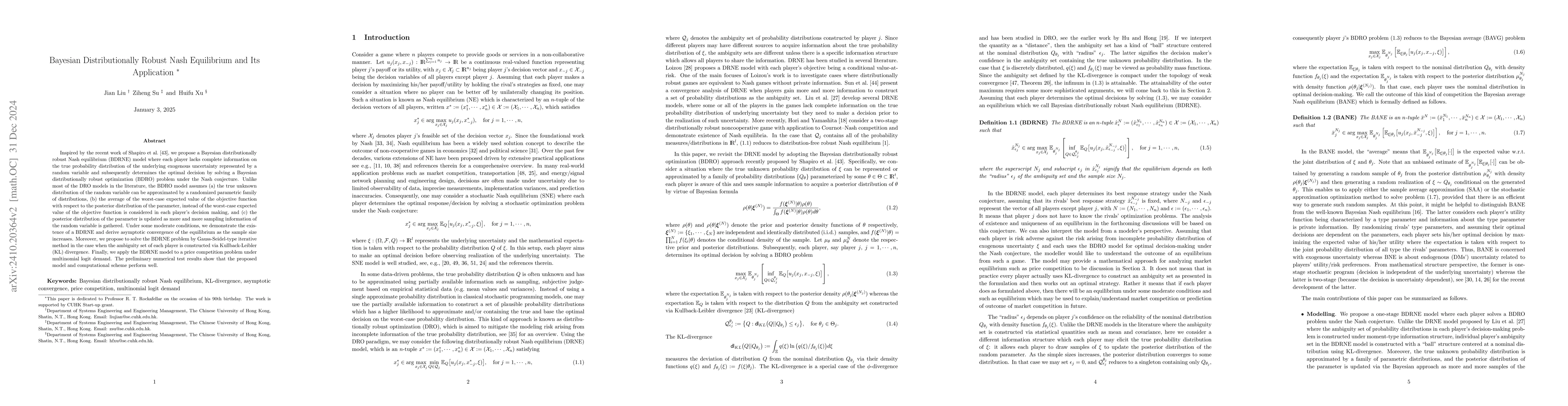 Thumbnail for Bayesian Distributionally Robust Nash Equilibrium and Its Application