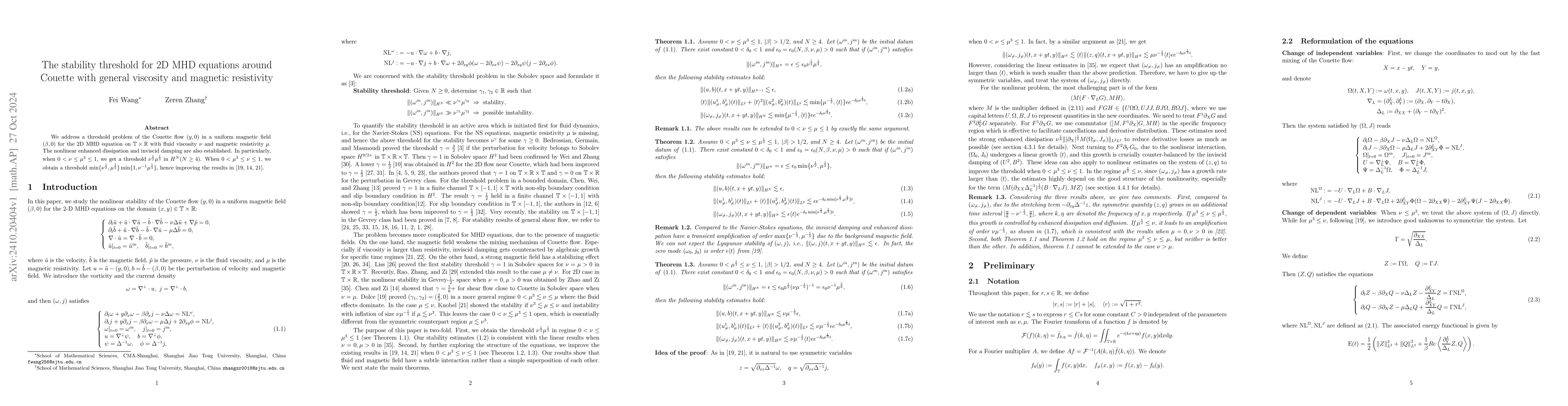 Thumbnail for The stability threshold for 2D MHD equations around Couette with general
  viscosity and magnetic resistivity