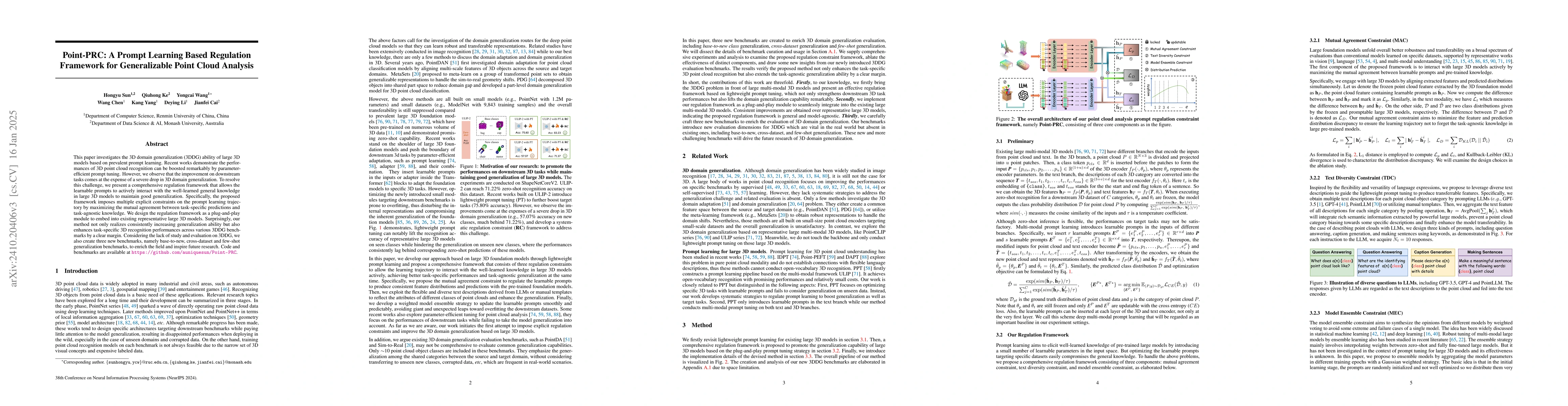 Thumbnail for Point-PRC: A Prompt Learning Based Regulation Framework for
  Generalizable Point Cloud Analysis