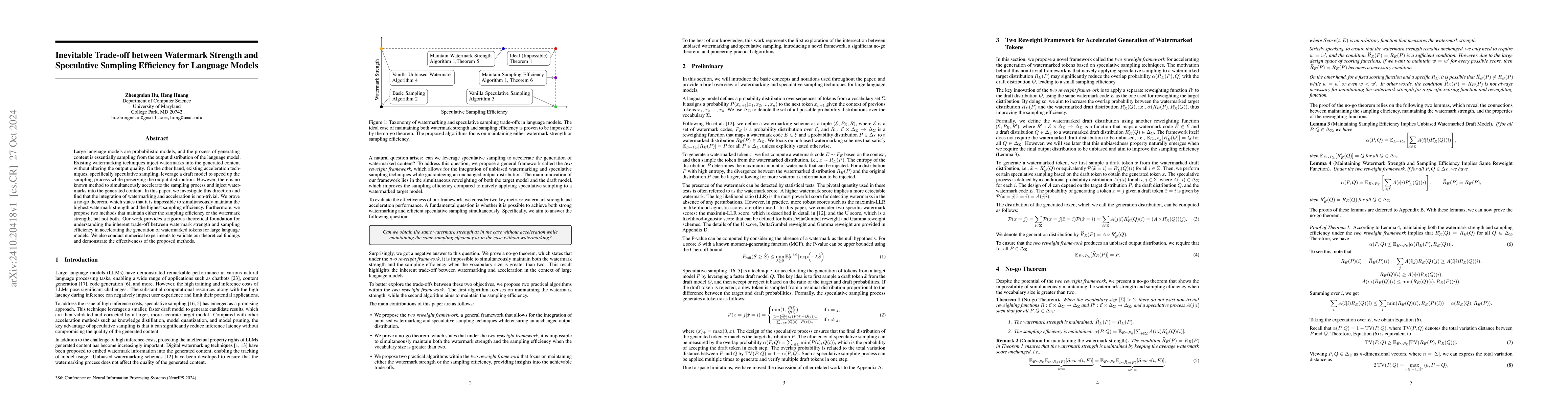 Thumbnail for Inevitable Trade-off between Watermark Strength and Speculative Sampling
  Efficiency for Language Models
