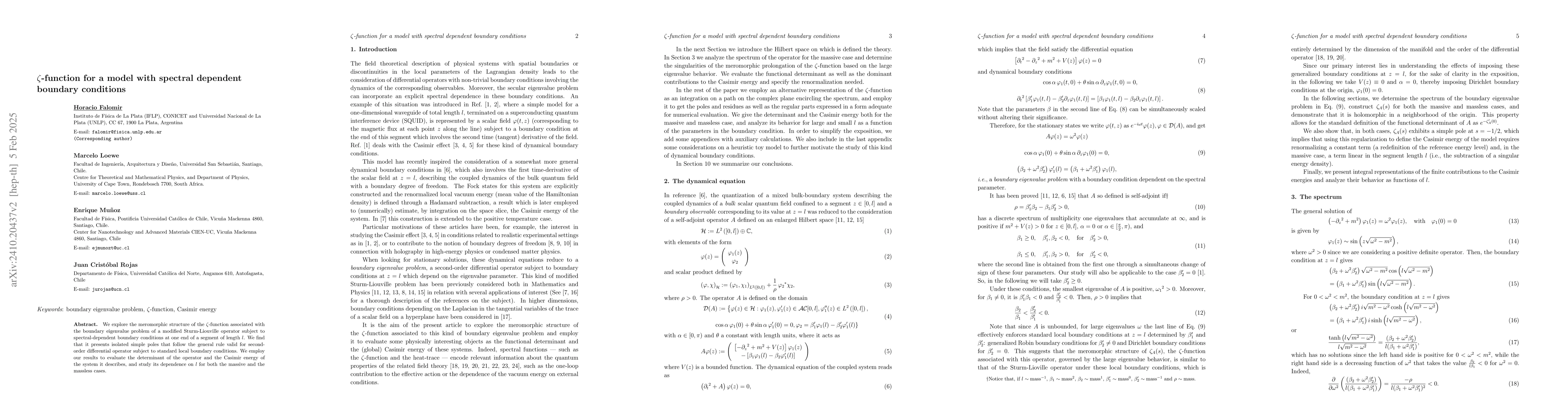 Thumbnail for $ζ$-function for a model with spectral dependent boundary conditions