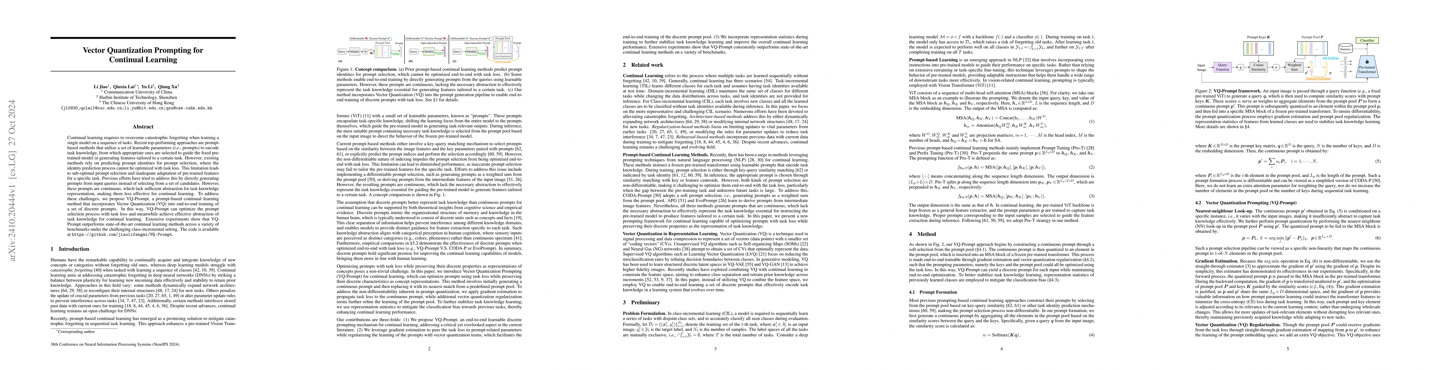 Thumbnail for Vector Quantization Prompting for Continual Learning