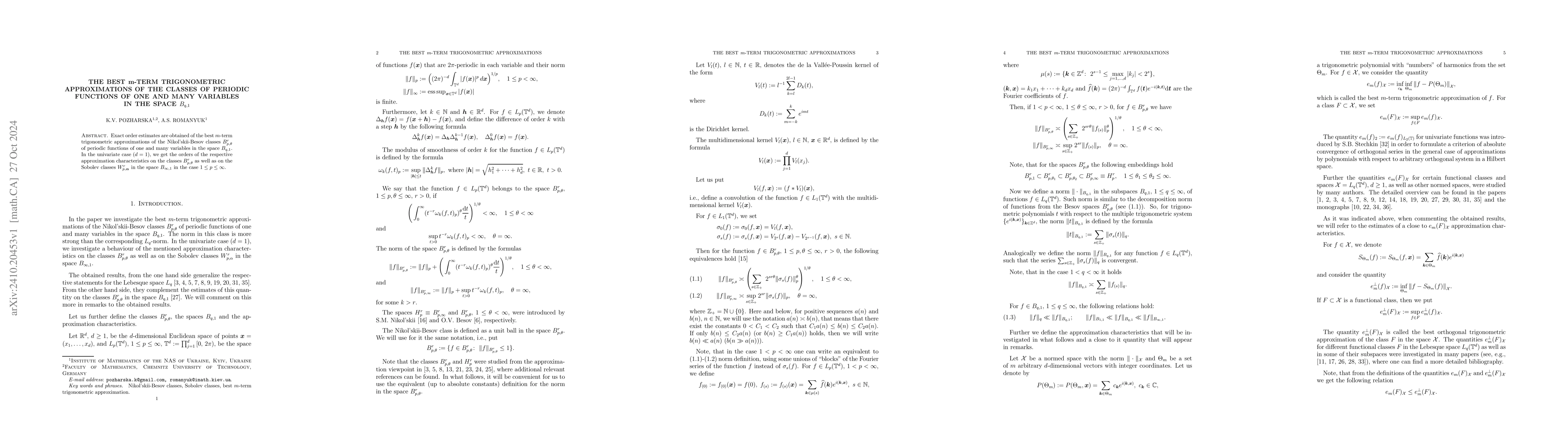 Thumbnail for The best $m$-term trigonometric approximations of the classes of
  periodic functions of one and many variables in the space $B_{q,1}$