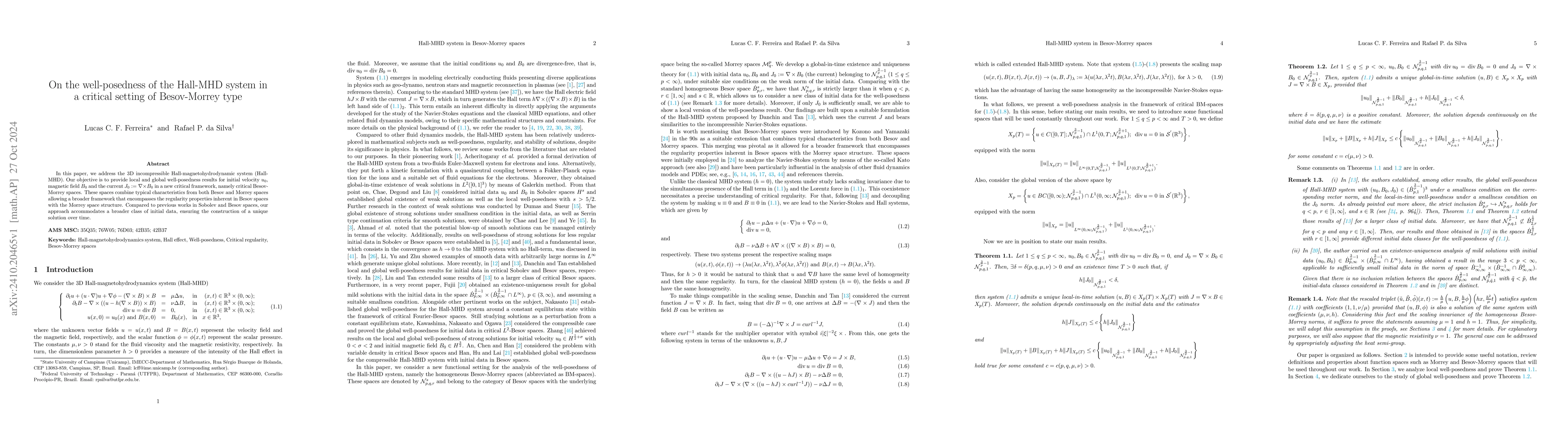 Thumbnail for On the well-posedness of the Hall-MHD system in a critical setting of
  Besov-Morrey type