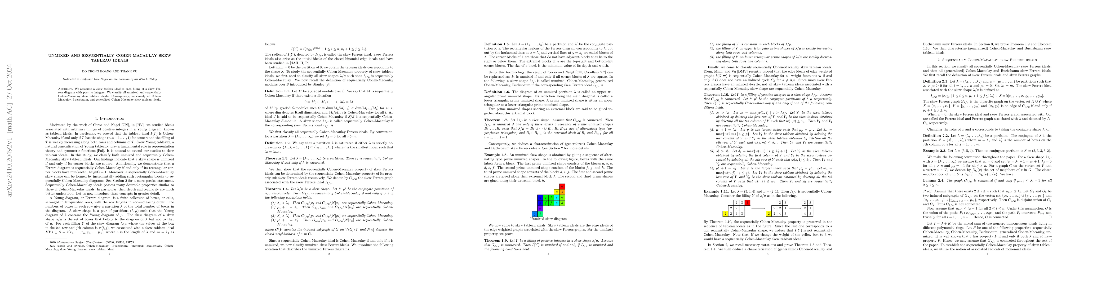 Thumbnail for Unmixed and sequentially Cohen-Macaulay skew tableau ideals
