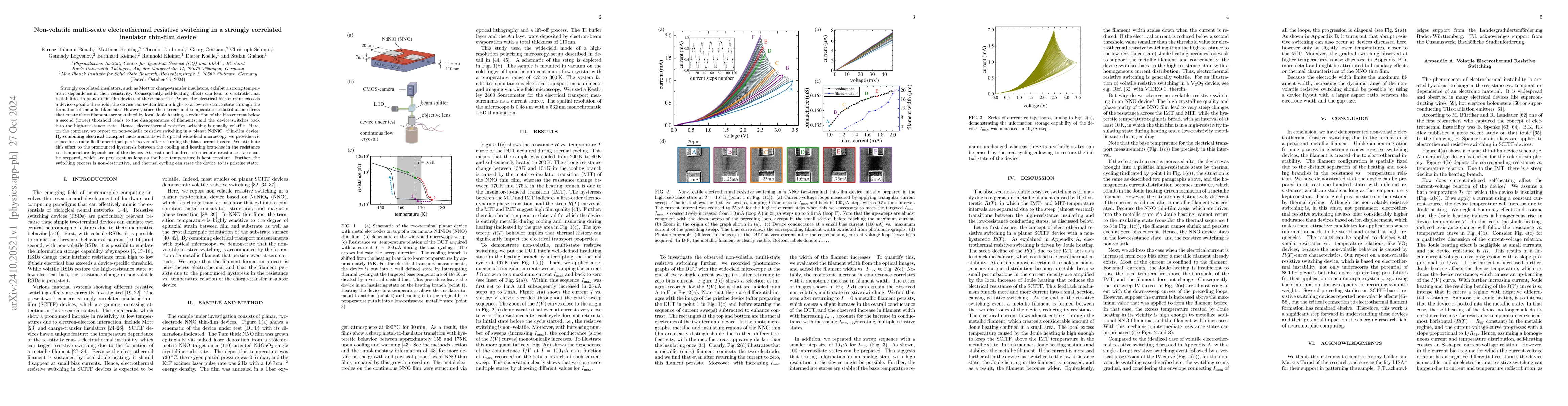 Thumbnail for Non-volatile multi-state electrothermal resistive switching in a
  strongly correlated insulator thin-film device