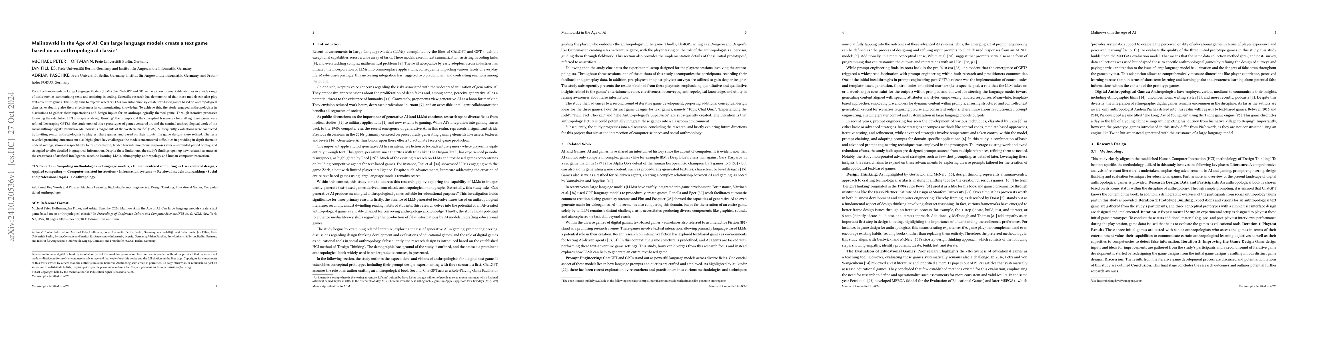 Thumbnail for Malinowski in the Age of AI: Can large language models create a text
  game based on an anthropological classic?