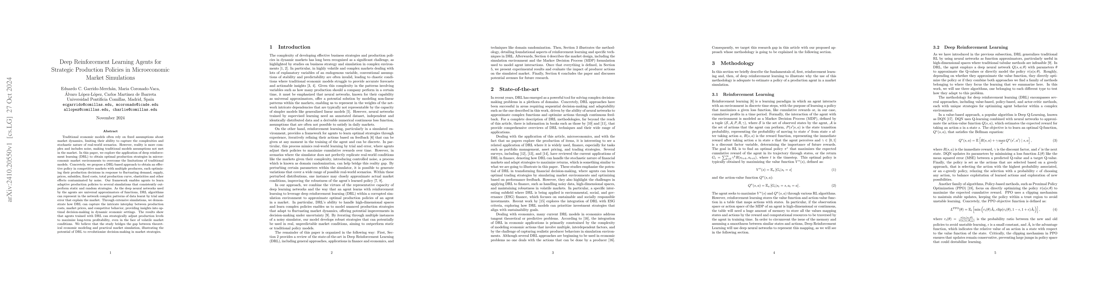 Thumbnail for Deep Reinforcement Learning Agents for Strategic Production Policies in
  Microeconomic Market Simulations
