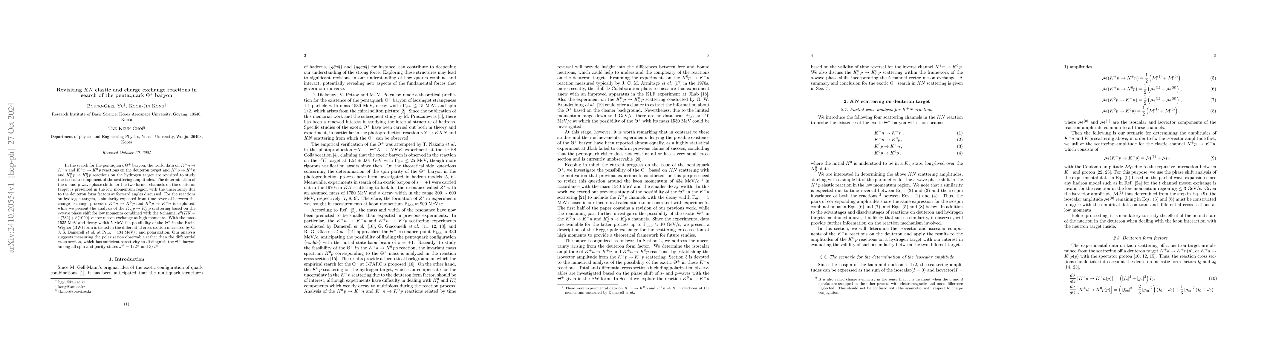 Thumbnail for Revisiting $KN$ elastic and charge exchange reactions in search of the
  pentaquark $Θ^+$ baryon