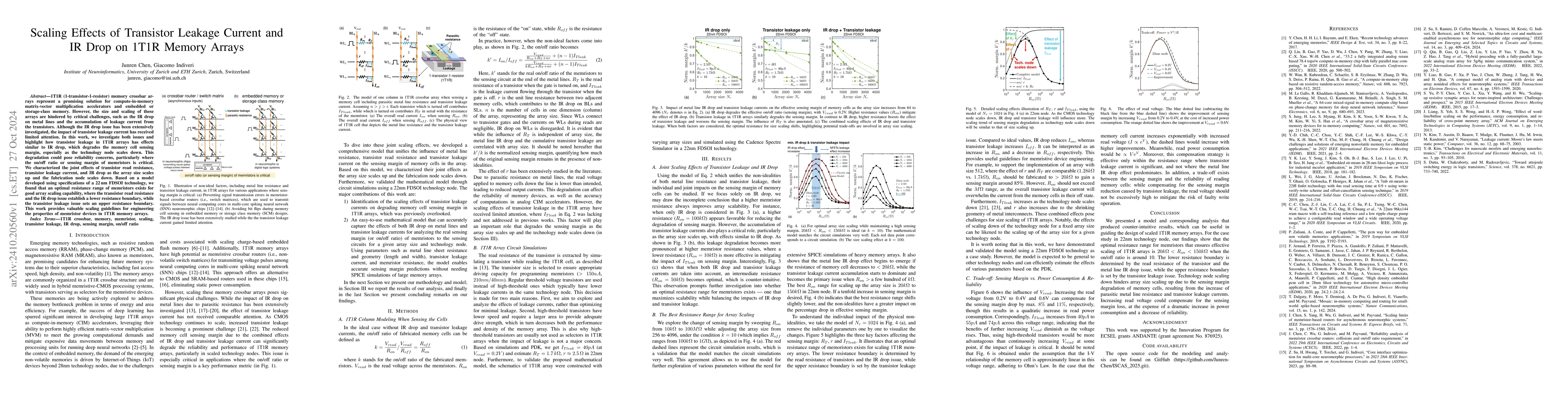 Thumbnail for Scaling Effects of Transistor Leakage Current and IR Drop on 1T1R Memory
  Arrays