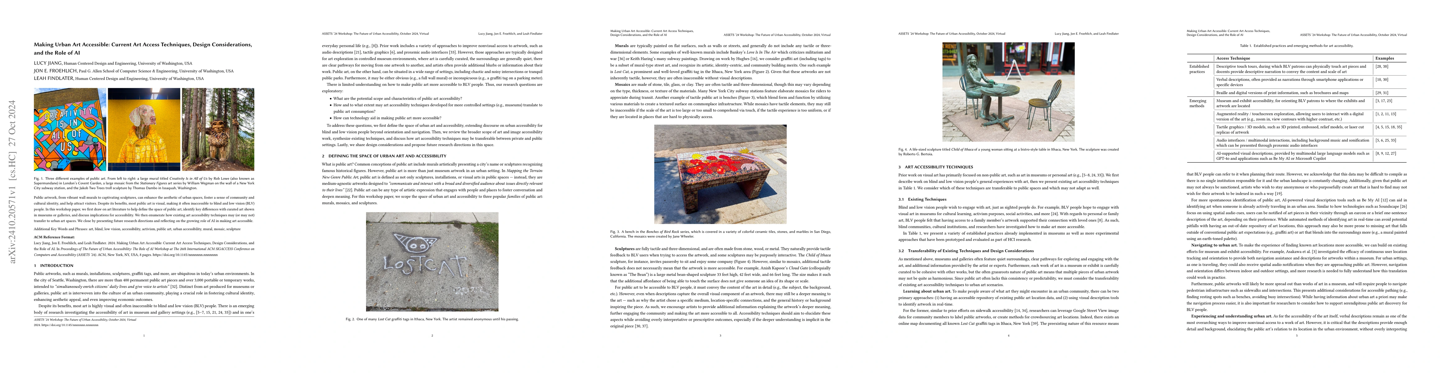 Thumbnail for Making Urban Art Accessible: Current Art Access Techniques, Design
  Considerations, and the Role of AI