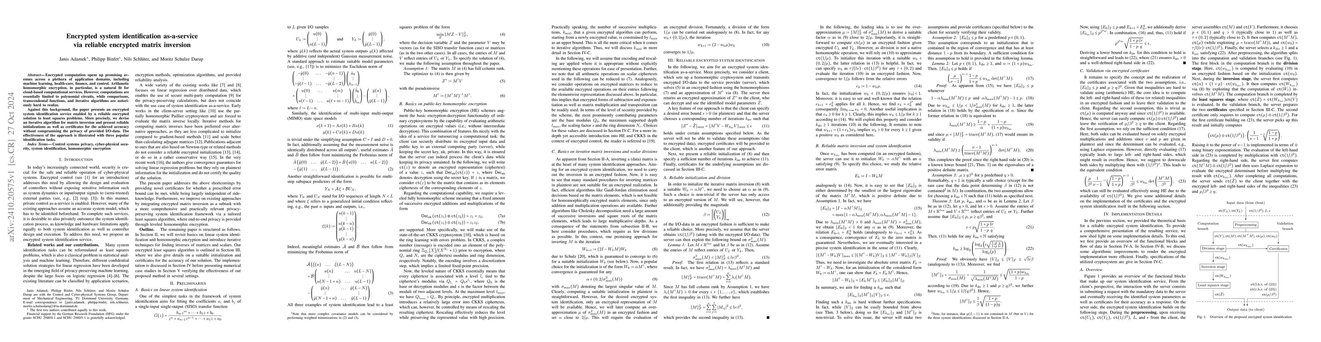 Thumbnail for Encrypted system identification as-a-service via reliable encrypted
  matrix inversion