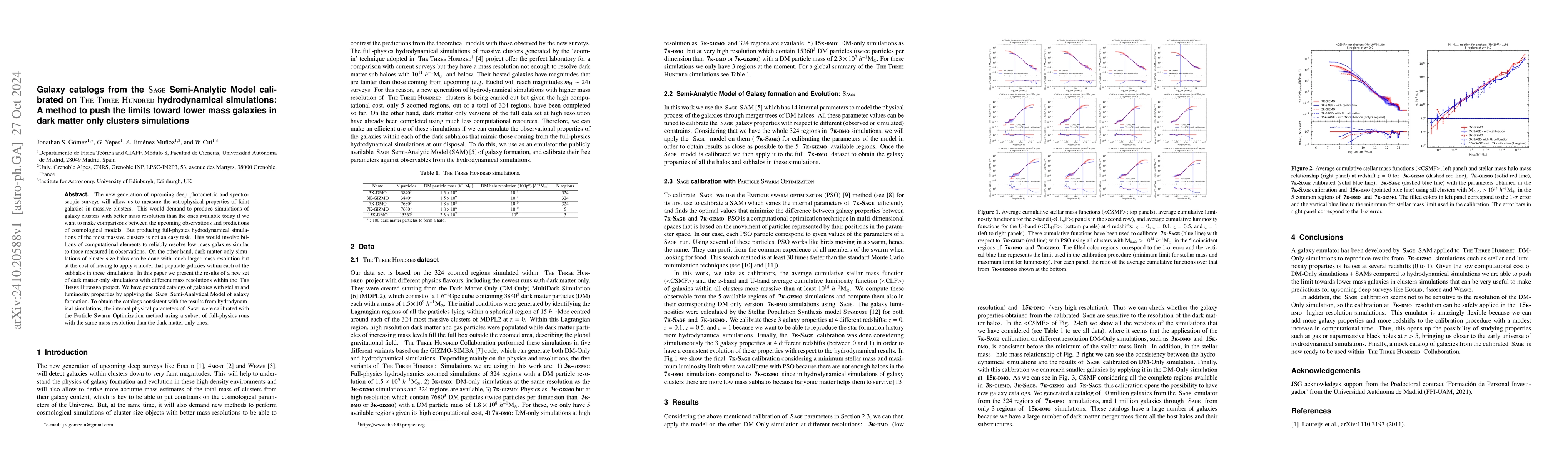 Thumbnail for Galaxy catalogs from the SAGE Semi-Analytic Model calibrated on THE
  THREE HUNDRED hydrodynamical simulations: A method to push the limits toward
  lower mass galaxies in dark matter only clusters simulations