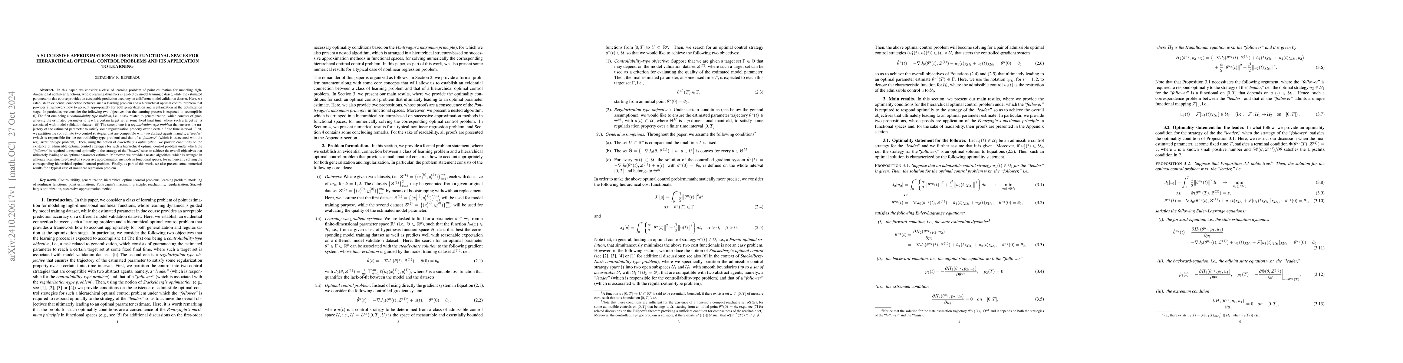 Thumbnail for A successive approximation method in functional spaces for hierarchical
  optimal control problems and its application to learning