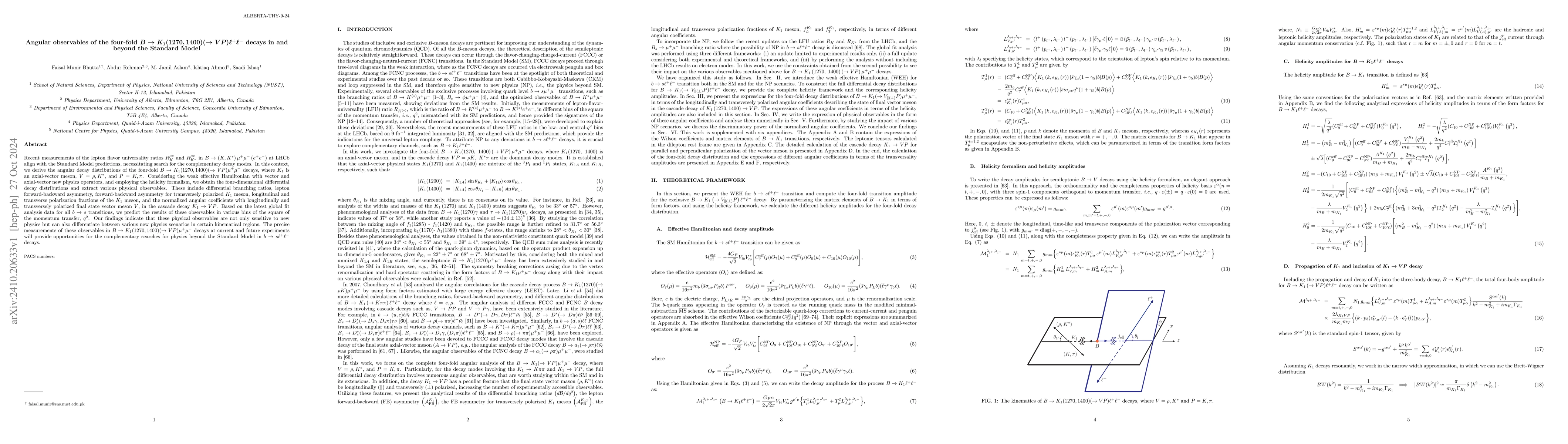 Thumbnail for Angular observables of the four-fold $B \to K_{1}(1270,1400)(\to V P)
  \ell^{+}\ell^{-}$ decays in and beyond the Standard Model