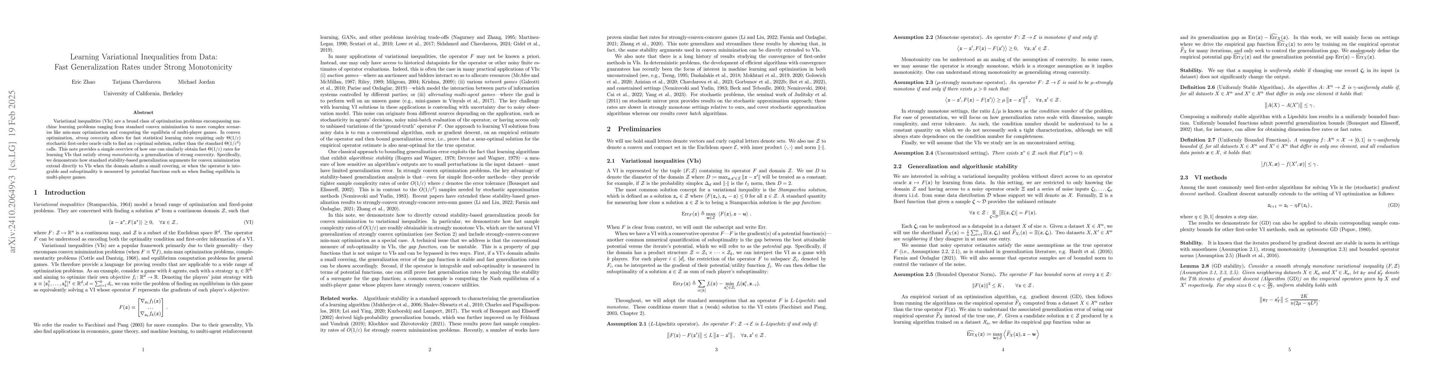 Thumbnail for Learning Variational Inequalities from Data: Fast Generalization Rates
  under Strong Monotonicity