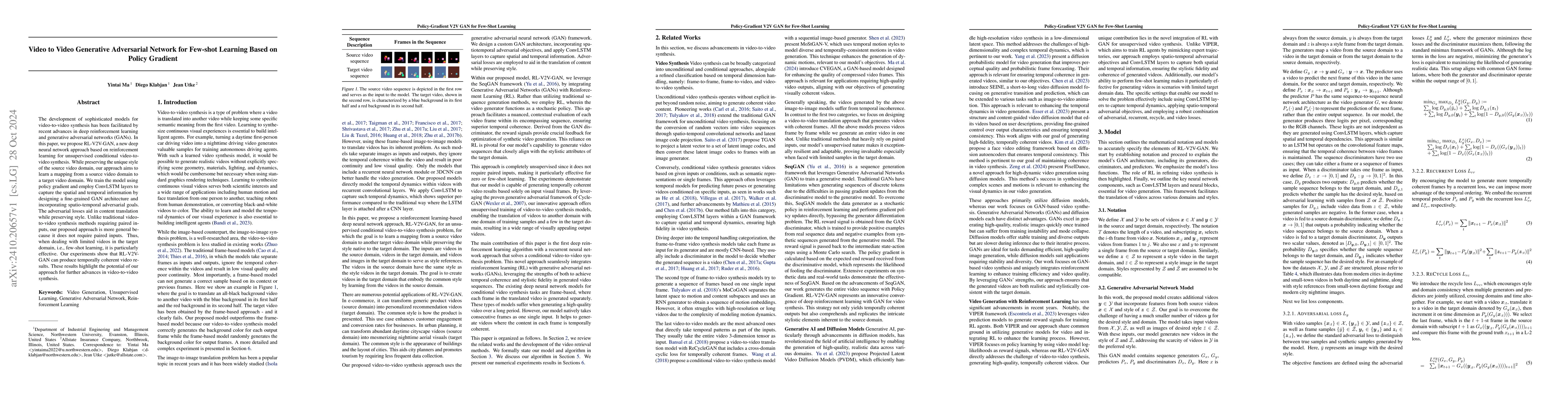 Thumbnail for Video to Video Generative Adversarial Network for Few-shot Learning
  Based on Policy Gradient