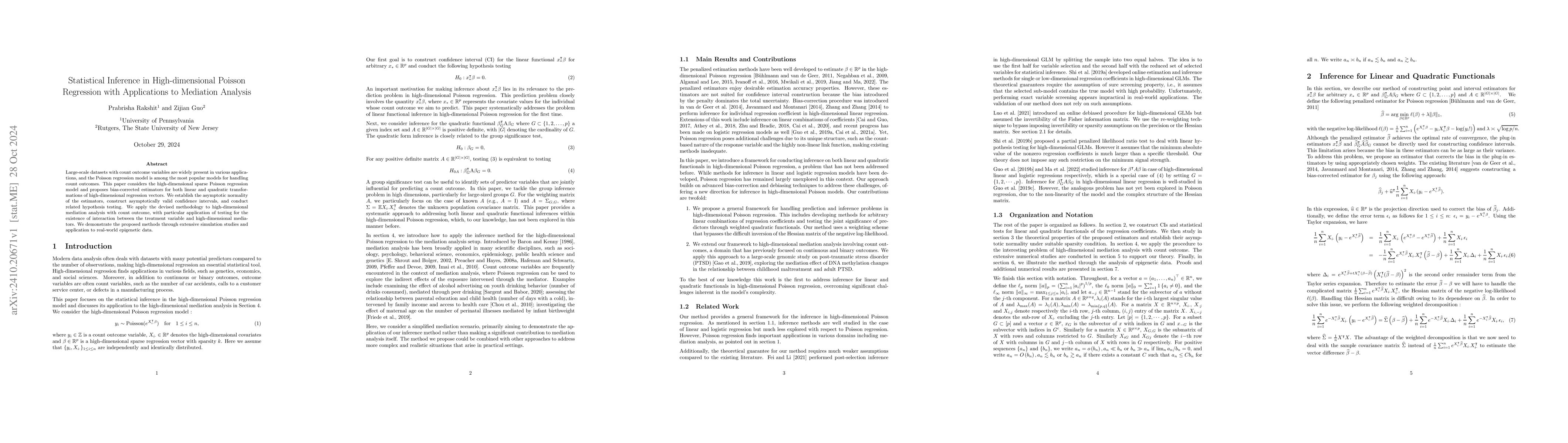 Thumbnail for Statistical Inference in High-dimensional Poisson Regression with
  Applications to Mediation Analysis